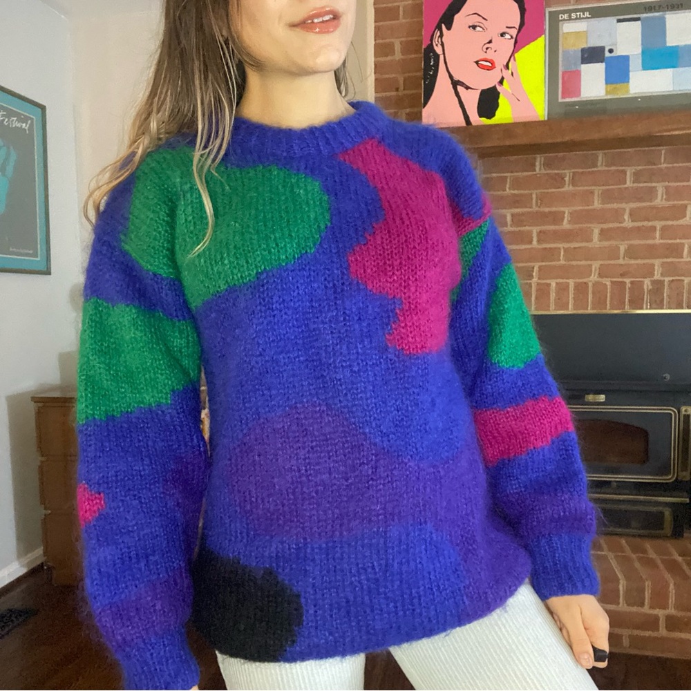 Vintage 90s Wool Mohair Blend Nordstrom Wearable Art Oversized Fuzzy Swe…